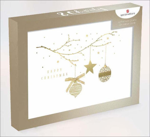 Box of 8 Gold Bauble Branch Marie Curie Charity Christmas Cards