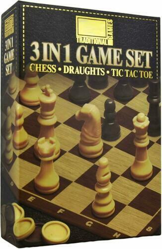 3 in 1 Traditional Retro Board Game Set With Chess,Draughts,Tic Tac Toe