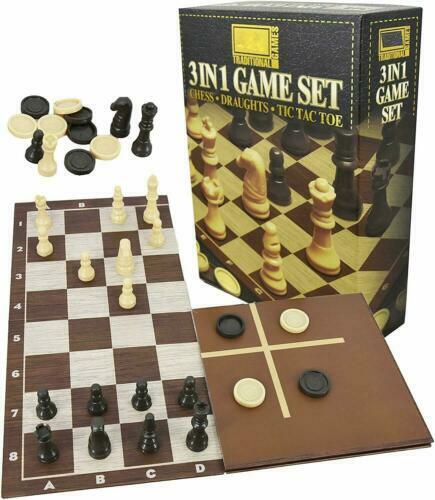 3 in 1 Traditional Retro Board Game Set With Chess,Draughts,Tic Tac Toe