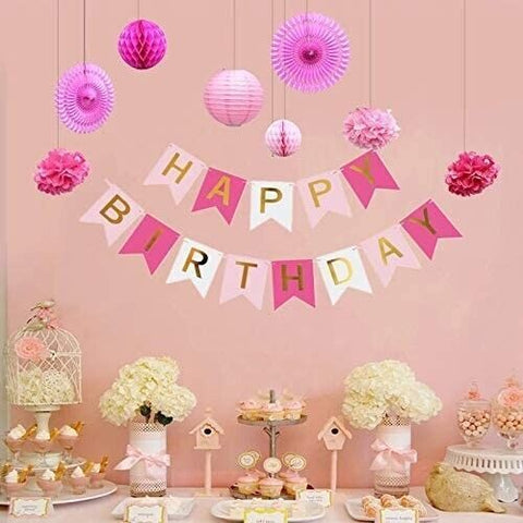 Pink Happy Birthday Party Decorations Banner Balloons