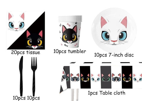 71 pcs Black And White Cat Themed Party Tableware